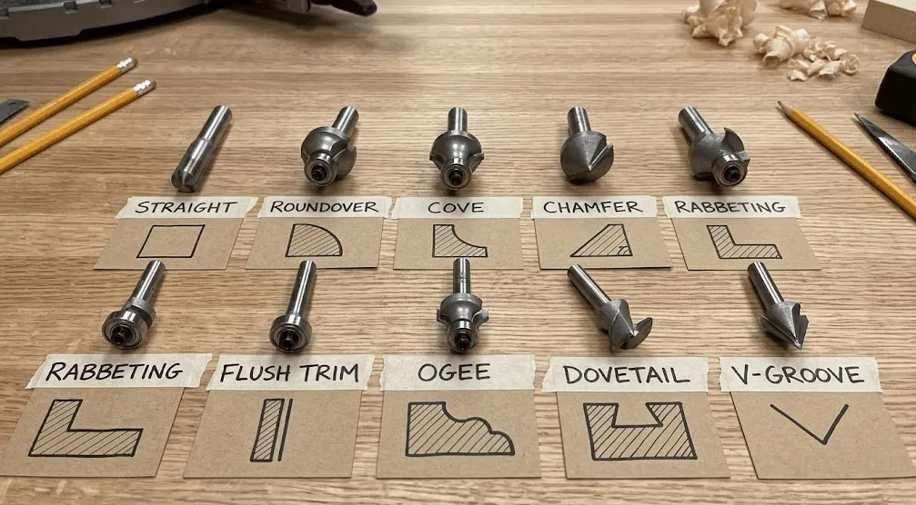 Router bits laid out on a bench, each labelled with its name and a sketch of the profile it cuts