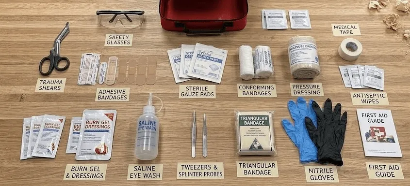 Workshop first-aid kit laid out and labelled: trauma shears, bandages, gauze, burn gel, saline eye wash, tweezers, nitrile gloves and a first-aid guide
